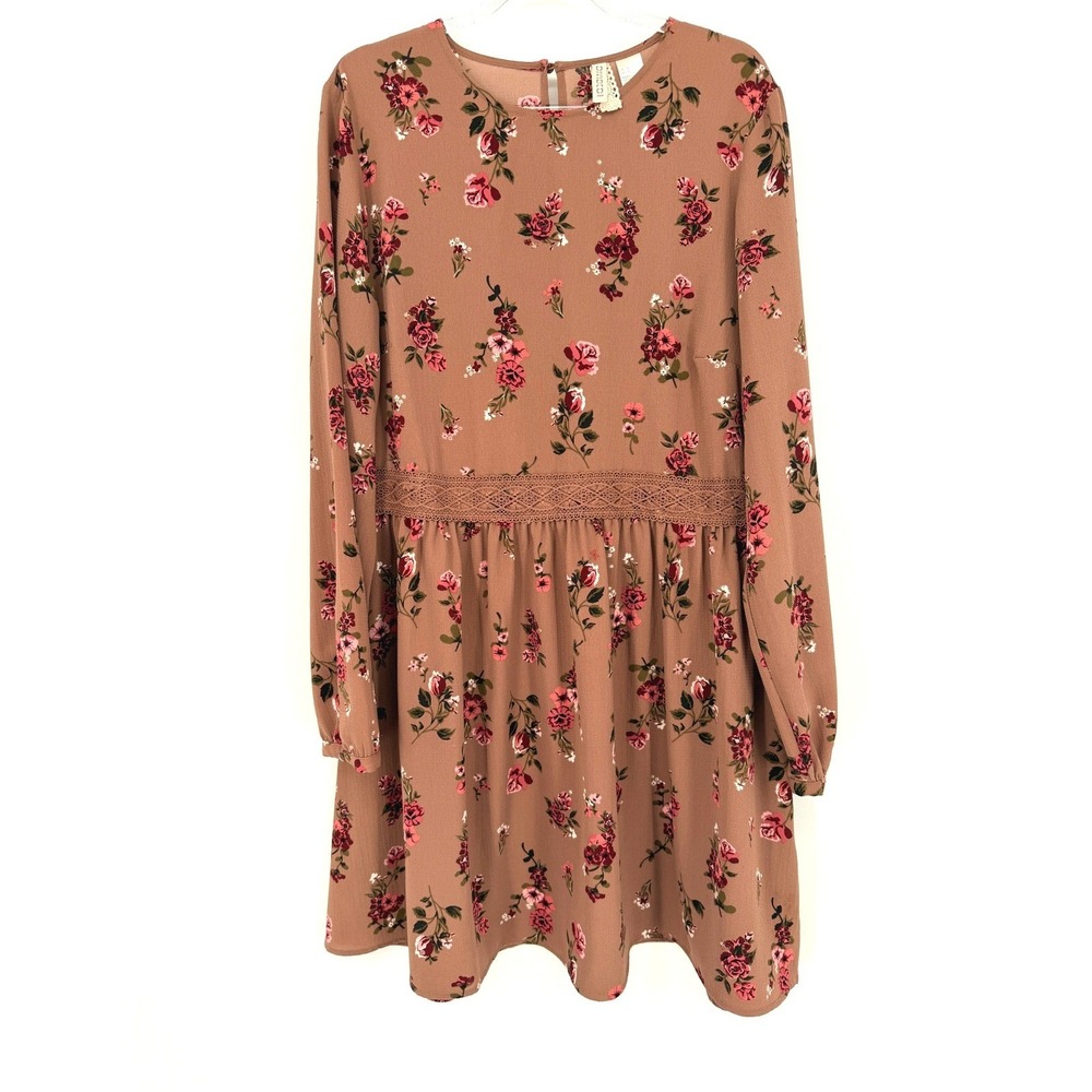 Divided H&M Women Brown Floral Long Sleeve‎ Dress Lace Waist Size 12